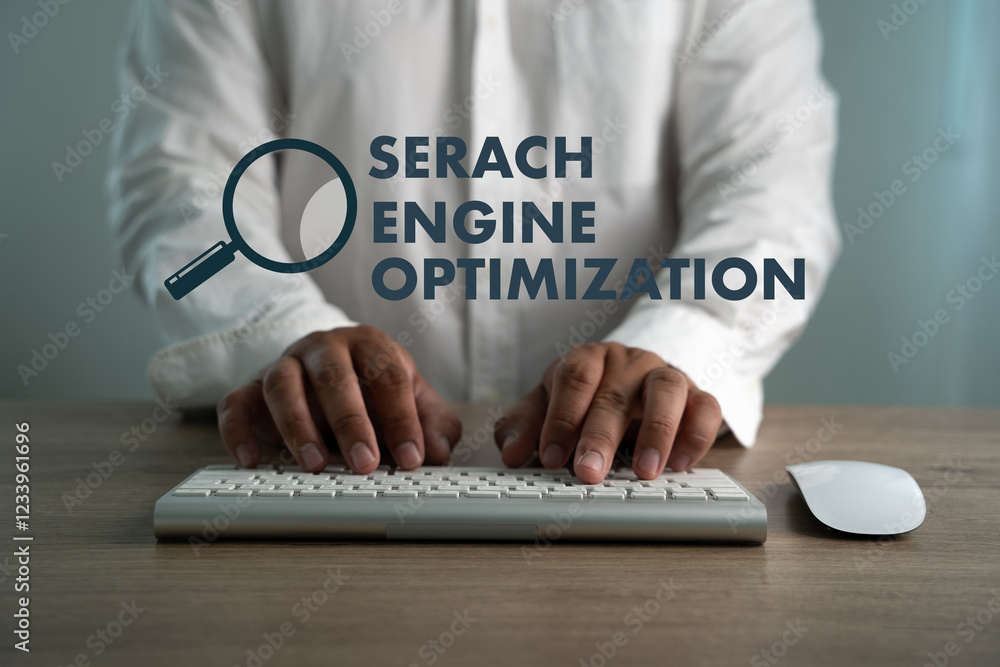 Poster man is typing seo on a keyboard search engine optimization online sales concept of digital marketing