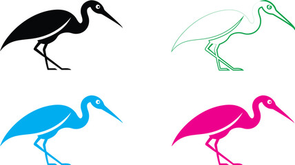 Stylized heron silhouettes, minimalist bird illustrations, black blue green pink colors, white background, vector graphic style, clean lines, simplified shapes, standing pose, long legs and necks, gra © stocklancer
