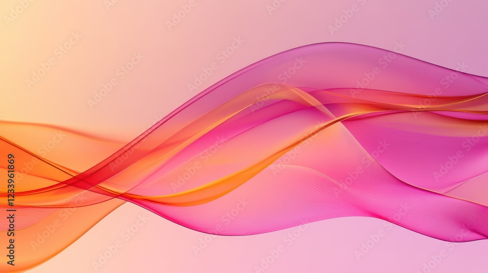 Poster abstract design featuring transparent hot pink and orange waves with smooth curves and soft shadows 