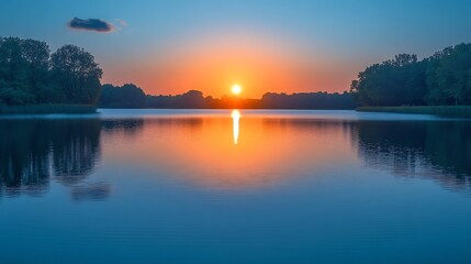 Obraz premium Serene Sunset Reflecting Calmly on Still Lake Water. AI Generated