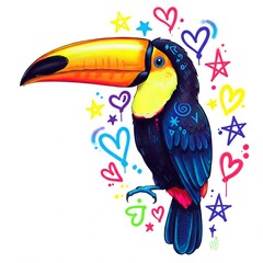 Fototapeta premium colorful graffiti toucan bird illustration with hearts and stars on white background