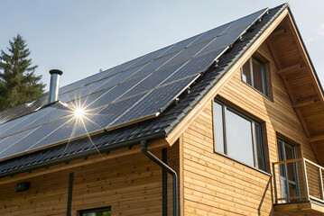 Sustainable Housing, Modern wooden house featuring solar panels on the roof, surrounded by trees and sunlight, emphasizing renewable energy and eco-friendly living.