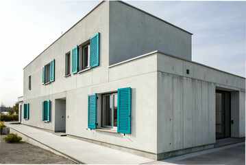 Sustainable Housing, A modern concrete house with turquoise shutters, large windows, and a minimalist design, set against a clear sky.