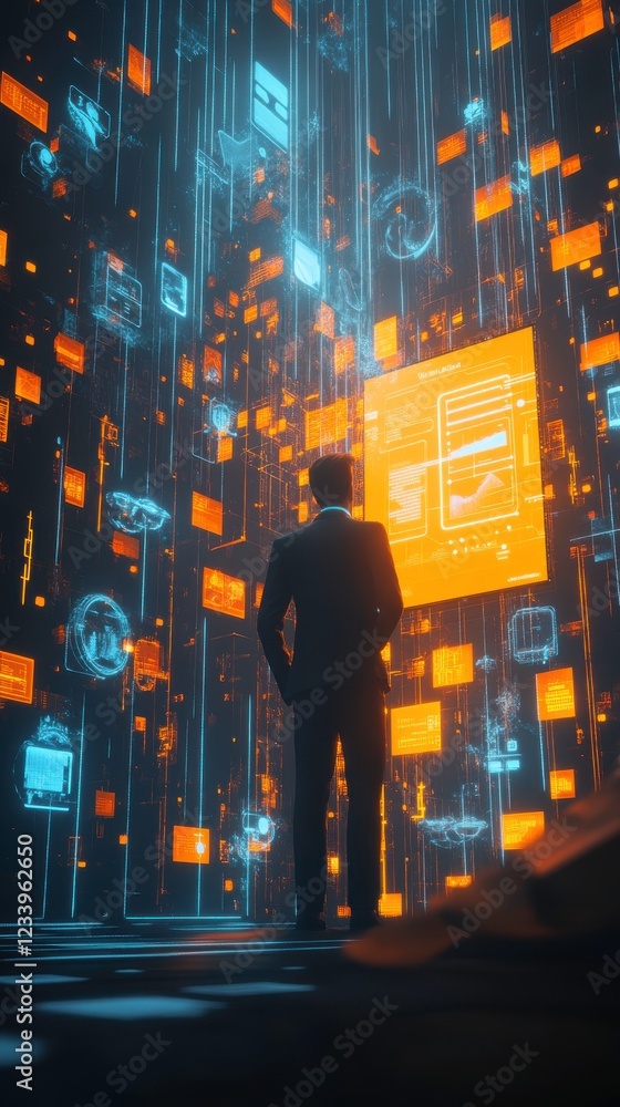 Poster a person in a suit stands in a digital environment filled with glowing screens and data streams, rep
