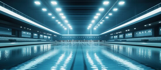 Obraz premium Indoor,empty pool with bright ceiling lights and spectator seating.