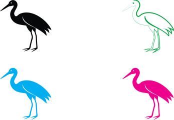 Stylized heron silhouettes, minimalist bird illustrations, black blue green pink colors, white background, vector graphic style, clean lines, simplified shapes, standing pose, long legs and necks, gra