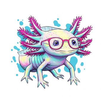 cute cartoon illustration of an axoloti with pink glasses and pink and blue splashes