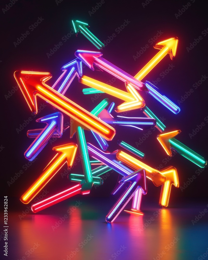 Poster a vibrant display of colorful neon arrows, pointing in various directions, set against a dark backgr
