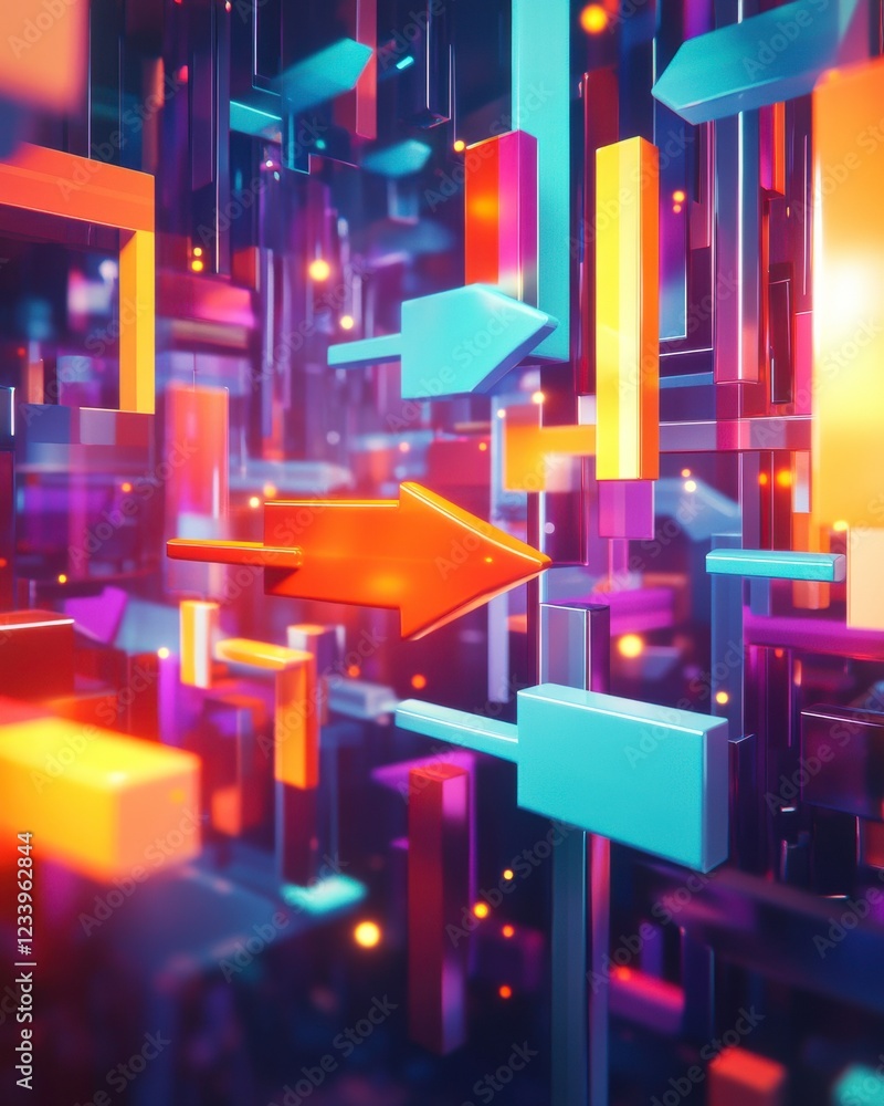 Poster a vibrant, abstract design featuring colorful arrows and geometric shapes, creating a sense of depth