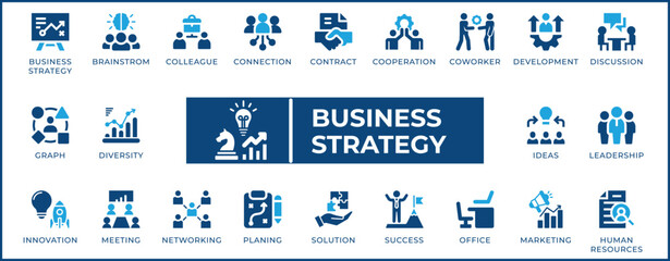 Business strategy icons set for planning, marketing, teamwork, and success. Perfect for presentations, reports, and web design.