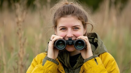 Fototapeta premium Young Woman Smiling with Binoculars in Nature