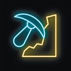 Blue neon pickaxe mining cryptocurrency on graphic card icon on black background