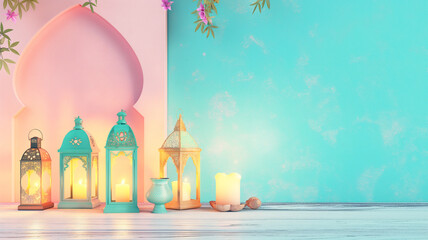 A warm Ramadan evening: intricate pink patterns, wooden arches, and glowing teal lanterns on an old table