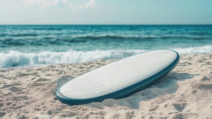 Surfboard on Sandy Beach with Calm Ocean Waves in the Background