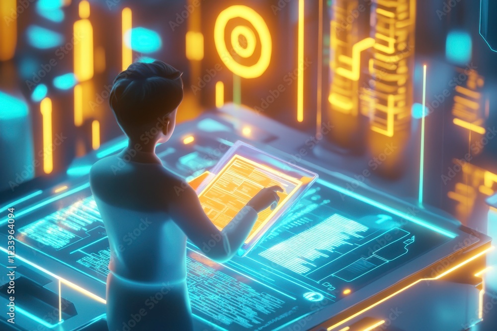 Poster a futuristic scene depicting a person interacting with a digital interface filled with glowing data 