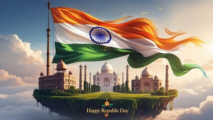 India's Majestic Republic Day: A vibrant Indian flag billows proudly over a breathtaking vista of iconic monuments, including the Taj Mahal, set majestically upon a floating island in the clouds.