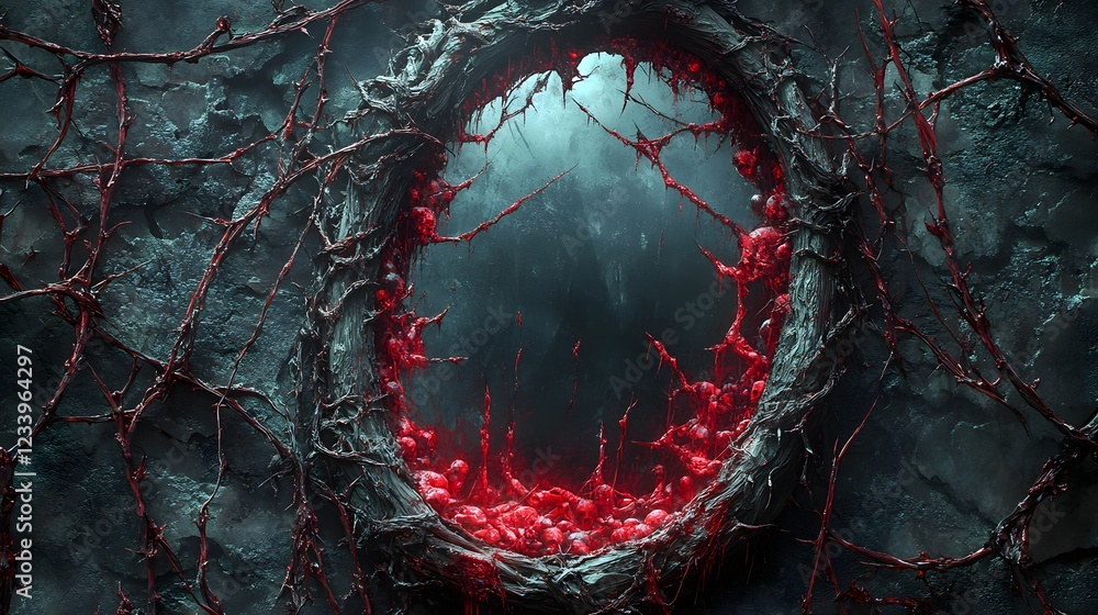 Poster hyperrealistic mirror encased sharp red and black thorns surrounded by twisted vines with screaming 