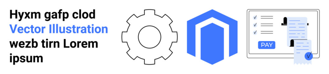 Gear for process, blue hexagon symbol, digital payment receipt with card and tick mark. Ideal for finance, technology, automation, security, transactions, digital tools abstract line flat metaphor