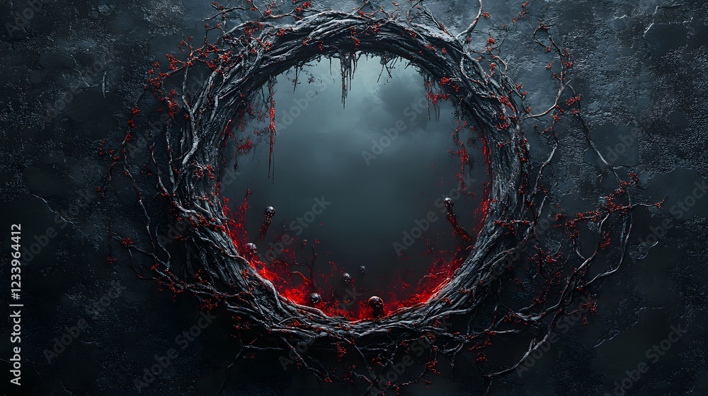 Poster hyperrealistic mirror encased sharp red and black thorns surrounded by twisted vines with screaming 