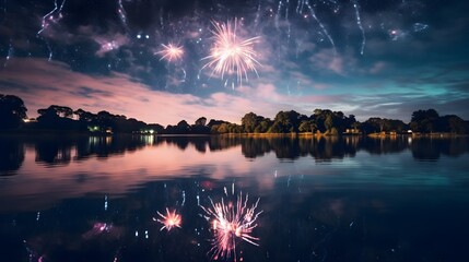 Serene Night Landscape Fireworks Over Calm Lake and Trees Reflection