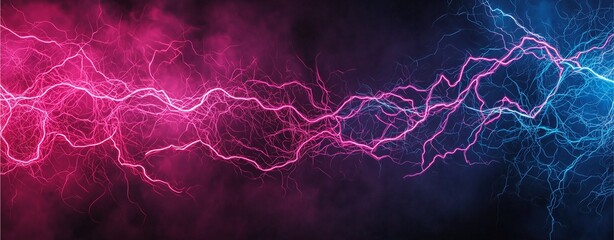 A vibrant display of electric arcs in pink and blue against a dark background, symbolizing energy and dynamism.