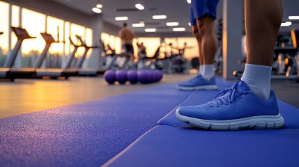 Fototapeta premium Close-up of a person in blue sneakers standing on a gym mat with weights in the background at sunset