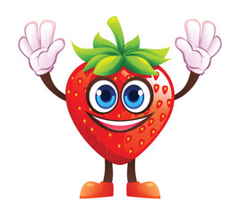 Strawberry character raising hands, full of excitement. Vector cartoon illustration
