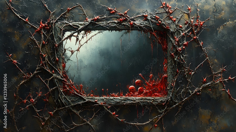 Poster hyperrealistic mirror encased sharp red and black thorns surrounded by twisted vines with screaming 