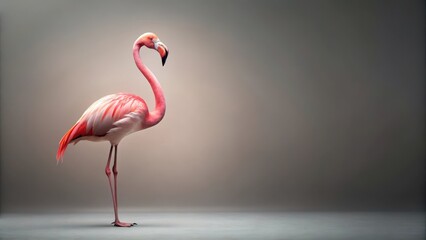 Fototapeta premium A pink flamingo stands alone in a minimalist studio against a neutral gray background with soft focus , calm