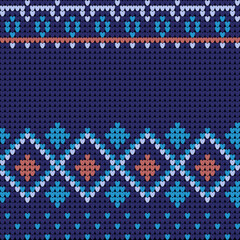 Winter seamless rhombus knitted pattern. Vector Illustration. Blue and orange colors. Cotton sweaters, cotton jumpers, carpets, and rugs.
