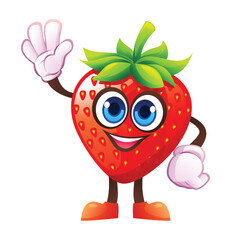 Cute strawberry character waving happily. Vector cartoon illustration