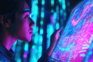 A person observes a vibrant, illuminated display showing intricate digital patterns, surrounded by a futuristic, glowing environment.