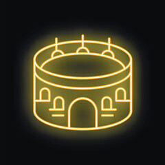 Neon yellow icon of the colosseum in rome, italy, on a black background, representing tourism and travel