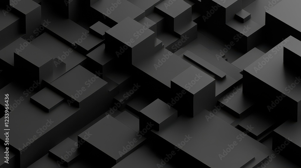Poster An abstract geometric composition featuring 3D-rendered blocks set against a black background.