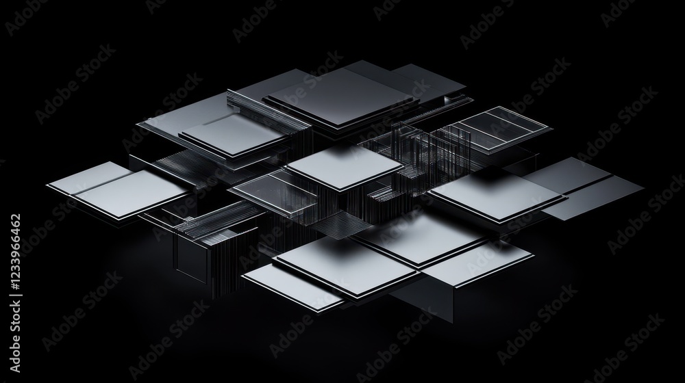 Poster an abstract geometric composition featuring 3d-rendered blocks set against a black background.