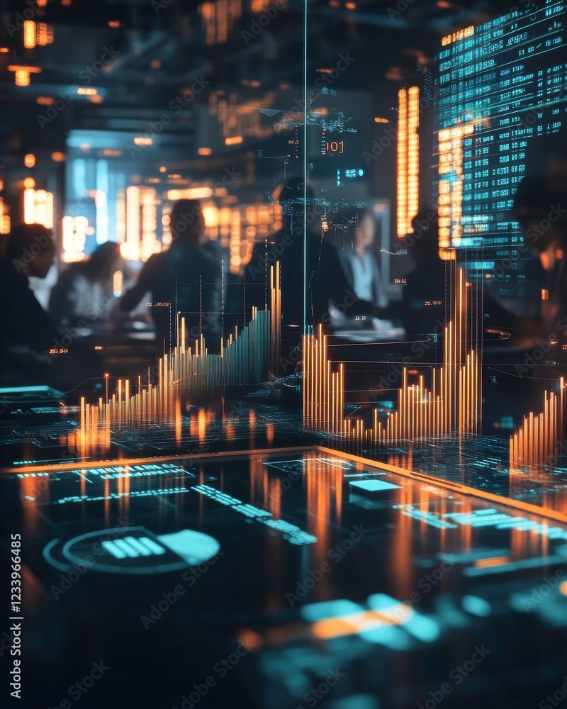 Poster a futuristic data visualization scene featuring glowing graphs and analytics, with people engaged in