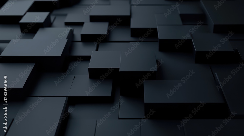 Poster An abstract geometric composition featuring 3D-rendered blocks set against a black background.