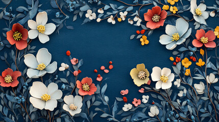 Hello March hand lettering card. Spring flowers on dark blue background.