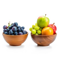 Fresh Fruit and Berries in Wooden Bowls on White Background