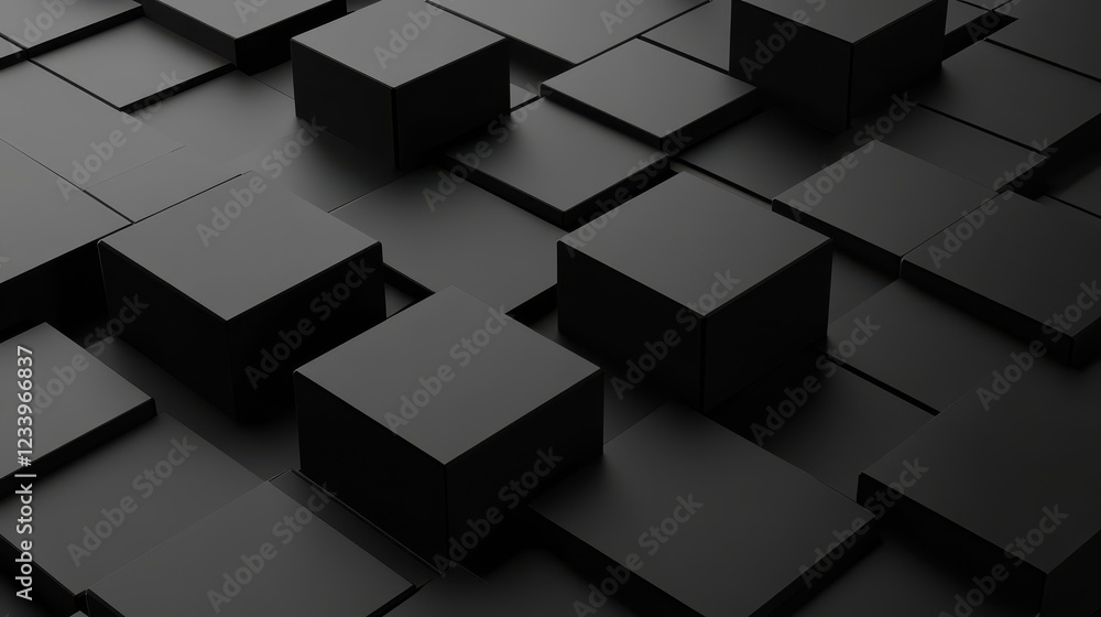 Poster An abstract geometric composition featuring 3D-rendered blocks set against a black background.