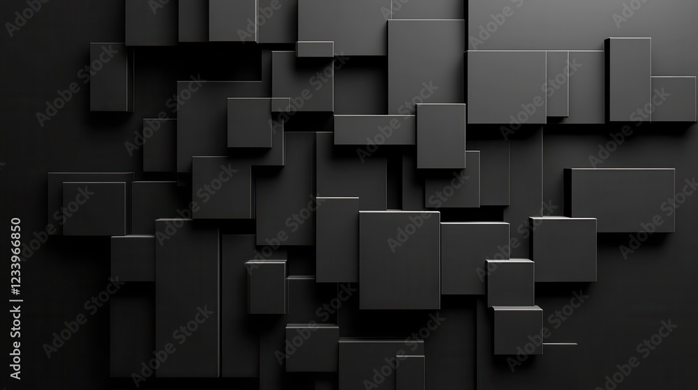 Poster An abstract geometric composition featuring 3D-rendered blocks set against a black background.