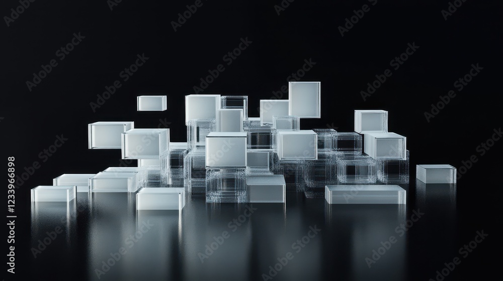 Poster an abstract geometric composition featuring 3d-rendered blocks set against a black background.