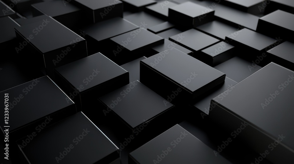 Poster An abstract geometric composition featuring 3D-rendered blocks set against a black background.