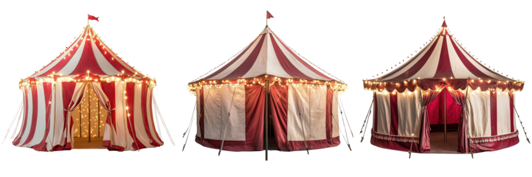 A Set of Classic Vintage Circus Tent with Bright Lights and Bold Stripes Isolated on Transparent Background