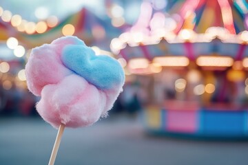 Pastel pink and blue cotton candy is held aloft against the backdrop of a bustling carnival adorned with bright lights and vibrant rides, capturing a moment of pure joy and nostalgia
