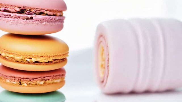 Tilt-down, high-key lighting video, a stack of colorful macarons is arranged on a pristine white surface, their smooth shells and delicate filling visible