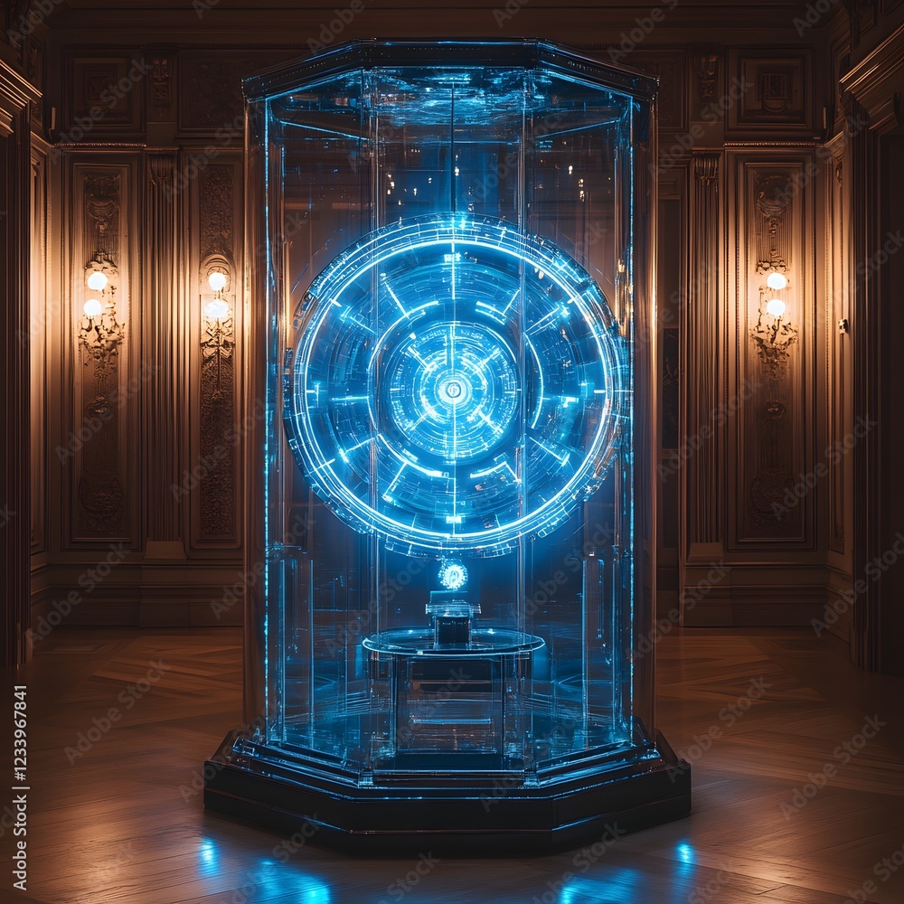 Poster a contemporary setting a futuristic grandfather clock made of glass and chrome features a holographi