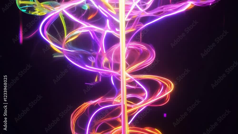 Poster tilt up video along a vertically oriented neural structure, each level illuminated with a different 