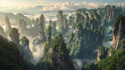 Majestic Mountain Peaks Enveloped in Mist Panoramic View of Dramatic Landscape