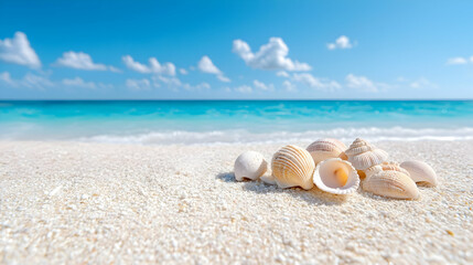 Obraz premium Seashells on tropical beach, ocean background, summer vacation